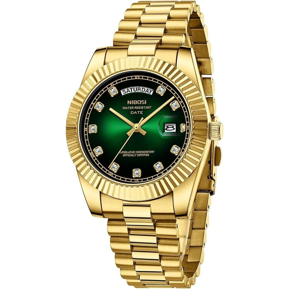 Men's Gold Green Stainless Steel Analog Classic Design Stylish Wrist Dress Watch